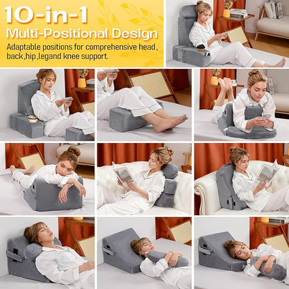 MOON PINE Reading Pillow for Adults, Memory Foam Backrest with Detachable Arms - Bed Pillow for Sitting Up, Built-in Cup Holder & Phone Pocket (Gray, 21 inch)