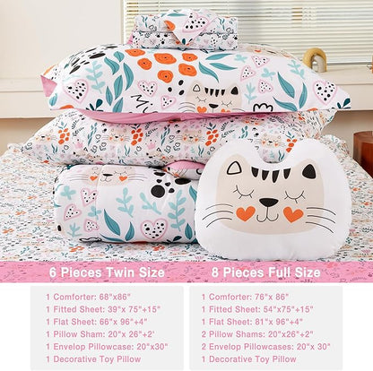 Mooreeke Full Size Comforter Sets for Girls Kids, 8 Pieces Bed in a Bag Flower and Cat Bedding Comforter Sheet Set with Shams and Decorative Toy Pillow, Ultral Soft Microfiber Kids Bed Set