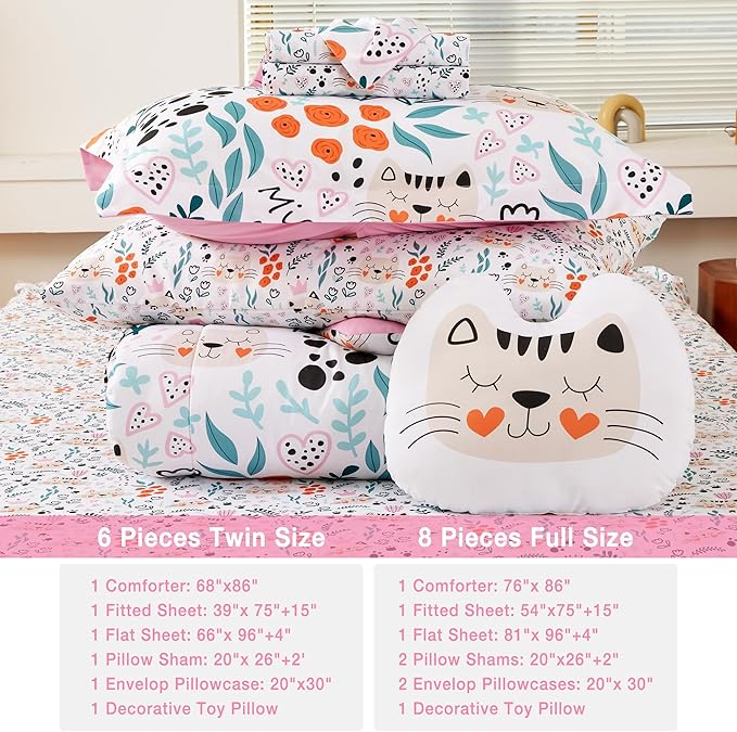 Mooreeke Twin Size Comforter Sets for Girls Kids, 6 Pieces Bed in a Bag Flower and Cat Bedding Comforter Sheet Set with Shams and Decorative Toy Pillow, Ultral Soft Microfiber Kids Bed Set