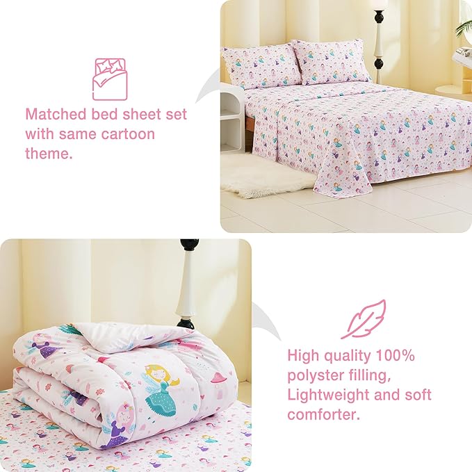 Mooreeke Full Size Comforter Sets for Girls Kids, 8 Pieces Bed in a Bag Pink Fairy Bedding Comforter Sheet Set with Shams and Decorative Toy Pillow, Ultral Soft Microfiber Kids Bed Set