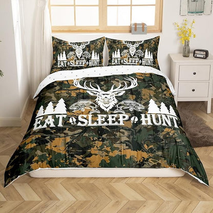 Castle Fairy Hunting Themed Bedding Set Queen Size,Deer Antler Fish Bird Pine Trees Print Duvet Cover Set for Children Bedroom Present, Green Camo Leaves Microfiber Comforter Cover with 2 Pillowcases