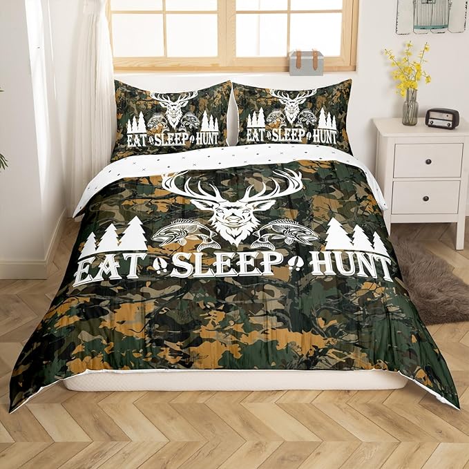 Hunting Themed Full Size Duvet Cover Set,Deer Antler Fish Bird Pine Trees Print Comforter Cover with 2 Pillowcases,3pcs,Green Camo Leaves Polyester Bed Spread for Boys Teens Bedroom Decor