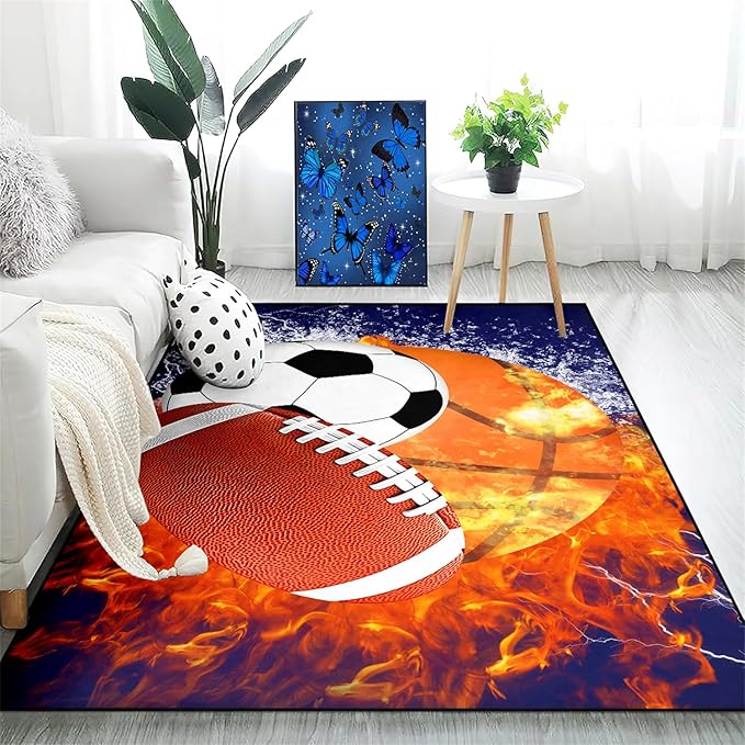 Sports Rugs for Boys Bedroom - Football & Soccer, Baseball,Basketball Rug for Boys Bedroom Sports Themed Water Flame Design Kids Carpet for Playroom Living Room Floor Mats, 4x5 Feet