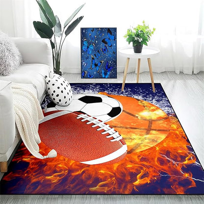 Sports Rugs for Boys Bedroom - Football & Soccer, Baseball,Basketball Rug for Boys Bedroom Sports Themed Water Flame Design Kids Carpet for Playroom Living Room Floor Mats, 4x5 Feet