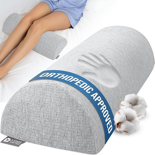 5 STARS UNITED Knee Pillow for Back Sleeping – Memory Foam Cushion for Sciatica Pain Relief – Under Leg Support for Sleeping on Back – Half Moon Bolster for Bed, Gray Cotton Cover