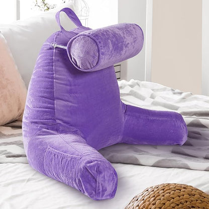 Cheer Collection Reading Pillow Chair - Chair Pillow with Arms and Detachable Neck Bolster for Bed & Couch - Machine Washable, Purple