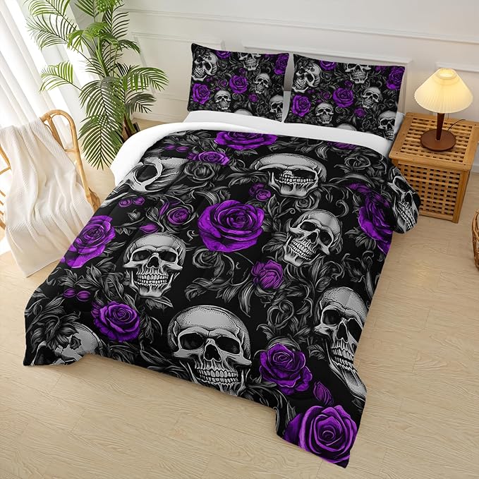 Sugar Skull Queen Size Comforter Set Floral Bedding Set,Gothic Skull Bedding Set for Boys Girls,Skeleton Bone Rose Blossoms Print Halloween Quilt Set,Horror Comforter Set for Bedroom Decor