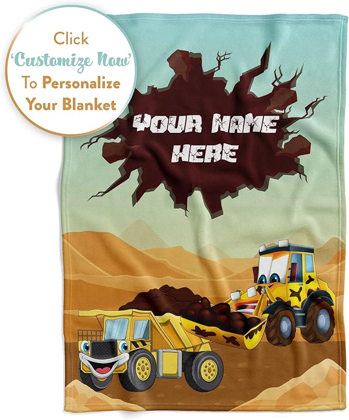 Personalized Blanket for Kids | Construction Truck Blanket | Fleece Throw for Boys and Girls | Kids & Toddlers | Tonka Bulldozer Dump Truck Loader Excavators (50x60 Fleece, V2)