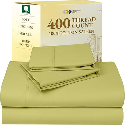 California Design Den Full Size Bed Sheets Set - Soft 400 Thread Count Sateen, Natural 100% Cotton Sheets Set with Deep Pockets, Breathable, and Durable Bedding - Celery Green
