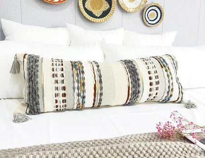 Chenille and Cotton Long Pillow for Bed, Striped Textured Boho Lumbar Throw Pillow Cover 14x36, Neutral Accent Decorative Extra Long Body Pillow Case for Couch, Sofa, Bedroom, Brown-Grey