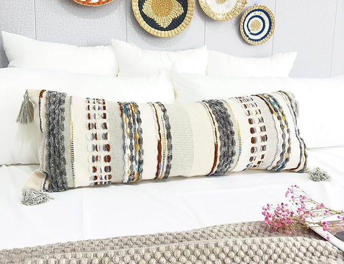 Chenille and Cotton Long Pillow for Bed, Striped Textured Boho Lumbar Throw Pillow Cover 12x36, Neutral Accent Decorative Extra Long Body Pillow Case for Couch, Sofa, Bedroom, Brown-Grey