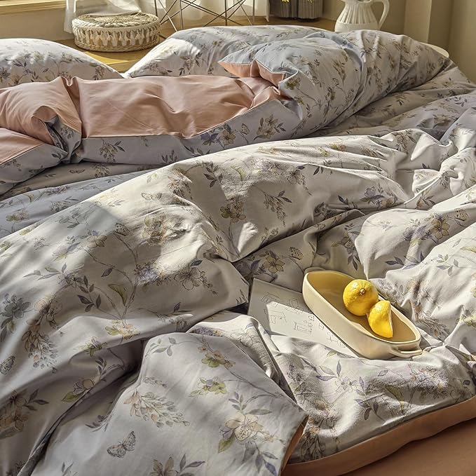 AOJIM Colorful Floral Print Duvet Cover Set for Kids Adults, Pure Cotton Aesthetic Comforter Cover Set 3pcs for Room Decor, 1 Soft Reversible Quilt Cover Twin Size and 2 Matching Pillowcases, No Quilt
