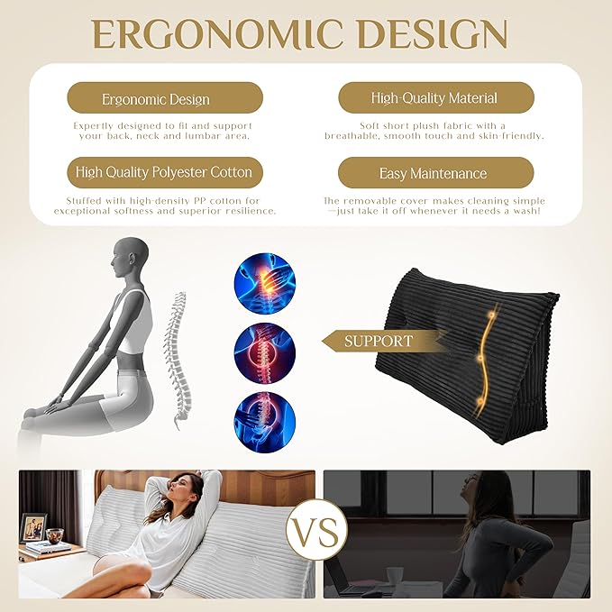 Headboard Wedge Pillow, Large Triangular Reading Pillow for Bed, Backrest Support Bolster for Sitting Up, Long Bed Rest Pillow with Removable Cover