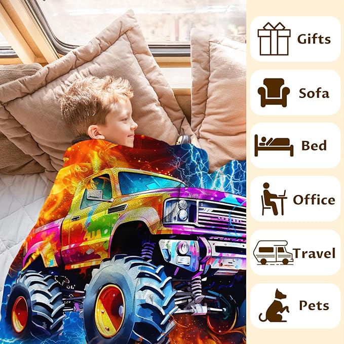 Boys Trucks Blanket Gift Custom Car Throw Blankets for Kids Teens, 60x80 Inches All Season Soft Cozy Lightweight Throw for Sofa Chair Bed Office Home Decor