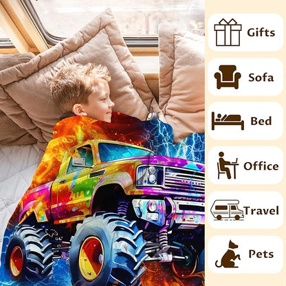 Boys Trucks Blanket Gift Custom Car Throw Blankets for Kids Teens, 60x80 Inches All Season Soft Cozy Lightweight Throw for Sofa Chair Bed Office Home Decor