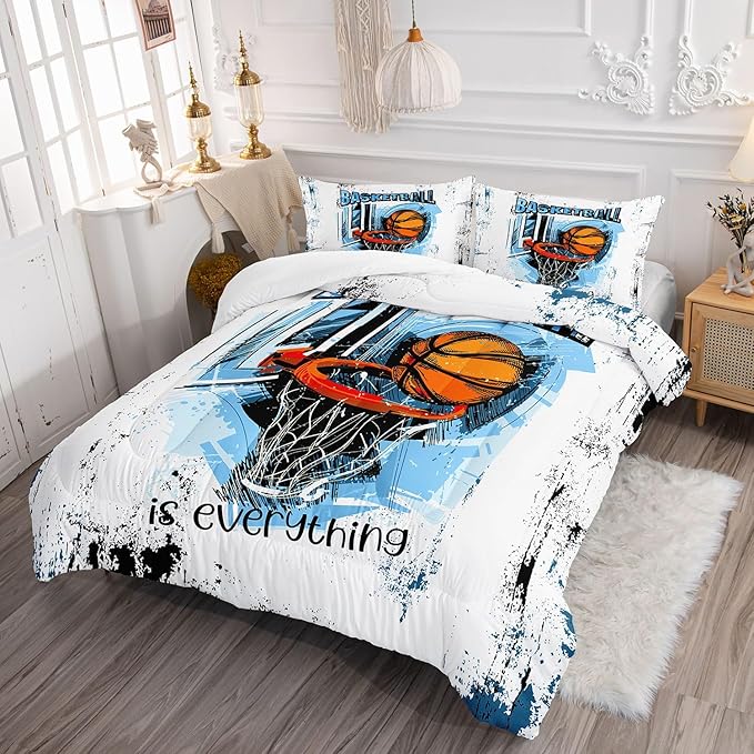 Basketball Comforter Set Ball Sports Cartoon Printed Bedding Set with 1 Comforter and 2 Pillowcases for Boys and Girls Bedroom All Season(Basketball-3 Twin)