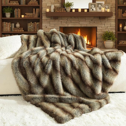 HORIMOTE HOME Luxury Plush Blanket, Soft & Cozy Fur Throw Blanket for Couch, Bed and Sofa, Fluffy Faux Fur Throw, with Shed-Free Design, 60x80 Inches Decorative Blankets, Brown Taupe Stripes