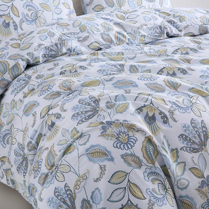Blue Floral Duvet Cover King Size 100% Cotton Botanical Coquette Comforter Cover 3 Pieces Soft & Breathable French Style Duvet Cover with Zipper Closure