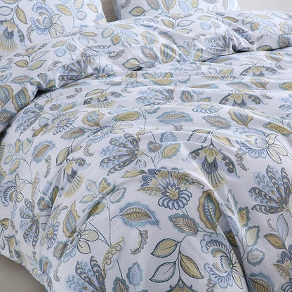 Blue Floral Duvet Cover King Size 100% Cotton Botanical Coquette Comforter Cover 3 Pieces Soft & Breathable French Style Duvet Cover with Zipper Closure
