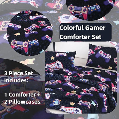 SDIII Vibrant Colors Gamer Comforter Set Full 3 Pieces, Soft Microfiber Gamer Comforter Sets for Boys and Girls, Lightweight Gaming Bedding Set Full