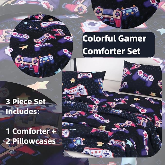 SDIII Vibrant Colors Gamer Comforter Set Queen 3 Pieces, Soft Microfiber Gamer Comforter Sets for Boys and Girls, Lightweight Gaming Bedding Set Queen