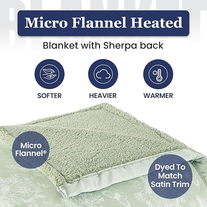Thermee Micro Flannel Heated Blanket With Sherpa Back, 10-Setting Electric Twin Size, Programmable, Ultra-Soft Throw, Heating Thermal - Toile Celery Green