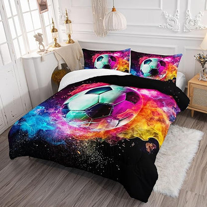 Kids Comforter Set Flame Soccer Printed Pattern Bedding Set with 1 Comforter and 2 Pillowcases for Girls Boys Bedroom All Season(Flame SoccerFull)