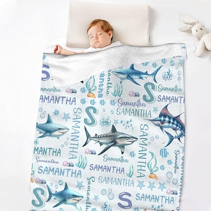 Personalized Baby Blanket for Girls Boys Shark Ocean Custom Baby Blanket with Name Swaddle Blanket for Toddlers Infants Kids Shower Newborns Nursery Stroller Crib Decor Throw Birthday Gift