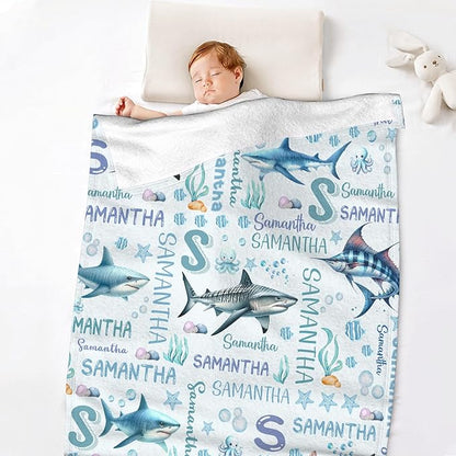 Personalized Custom Baby Blanket for Girls & Boys - Shark Ocean Theme with Name - Swaddle Blanket for Toddlers, Infants & Newborns - Nursery Stroller Crib Decor Throw - Birthday Gift