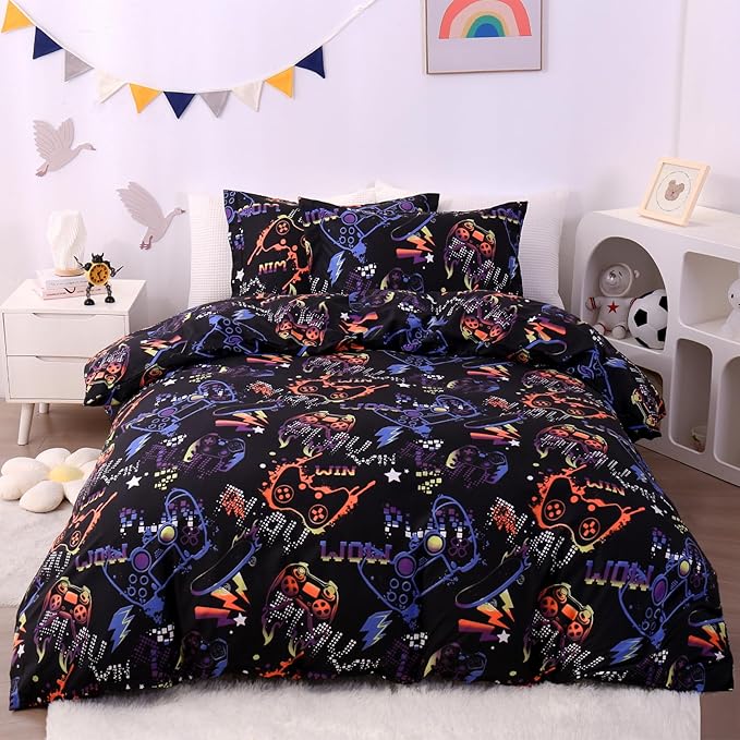 JSD Black Gamer Kids Duvet Cover Set Queen Size, 3 Piece Teens Printed Microfiber Comforter Cover with Pillow Sham Zipper Closure, Comforter Not Included