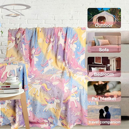 Unicorn Glow in The Dark Kids Blanket, Soft Fleece Throw 50"x60" for Girls & Boys, Ages 3-12