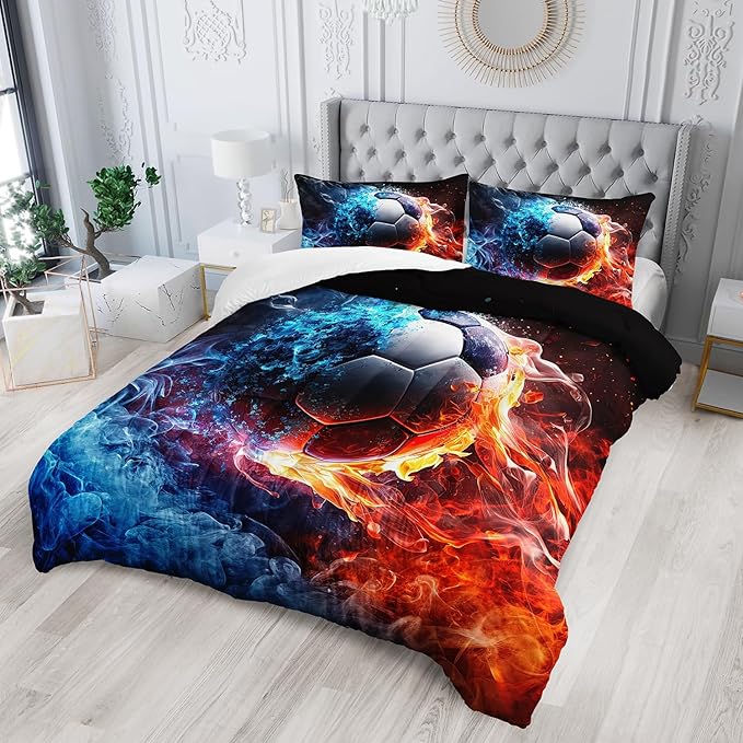 Soccer Print Themed Comforter 3Pcs Twin Gaming Sport Soccer Bedding Set for Kid Teen Girl Boy Adult Balls Sports Games Ice and Fire Football Quilt Room Decor with 1 Comforter and 2 Pillowcases