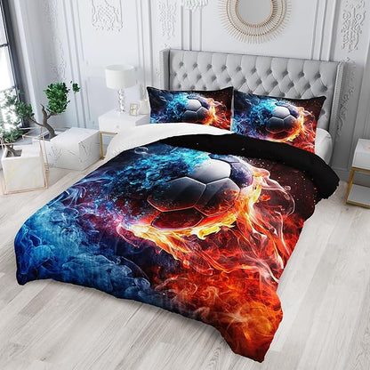 Soccer Print Themed Comforter 3Pcs Queen Gaming Sport Soccer Bedding Set for Kid Teen Girl Boy Adult Balls Sports Games Ice and Fire Football Quilt Room Decor with 1 Comforter and 2 Pillowcases