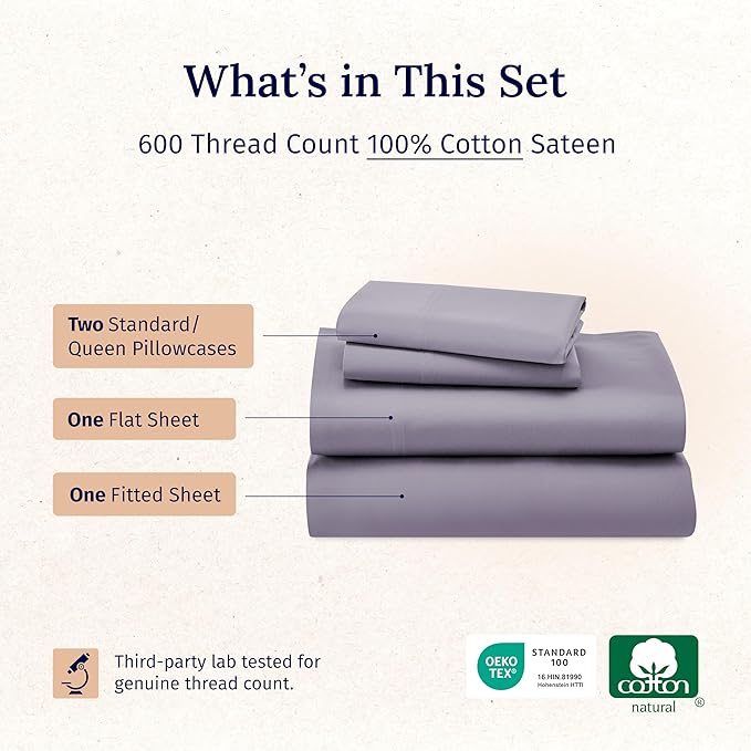 CALIFORNIA DESIGN DEN 5-Star Hotel 600 Thread Count 100% Cotton Sheets Set - Soft & Smooth Queen Sheet Set with Deep Pockets, Quality Beats Egyptian Cotton Claims (Lavender)