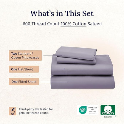 CALIFORNIA DESIGN DEN 5-Star Hotel 600 Thread Count 100% Cotton Sheets Set - Soft & Smooth Queen Sheet Set with Deep Pockets, Quality Beats Egyptian Cotton Claims (Lavender)