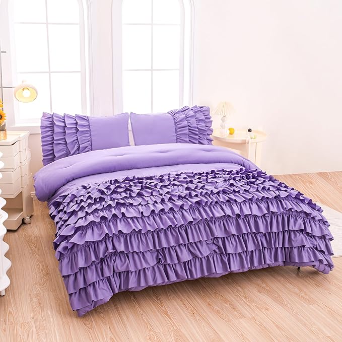 MWMWMW Full Size Comforter Set for Girls, Purple Ruffle Bedding Set Full, 5 Pcs Bed in a Bag for Girls, Purple Comforter Sets Full with 1 Fitted Sheets, 1 Flat Sheet, 1 Comforter, 2 Pillowcases