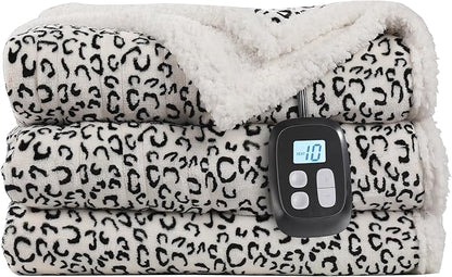 Electric Heated Blanket Full Size 72x84 - Leopard Print Flannel Soft Heating Blanket with 10 Heat Levels & Auto Shut Off, Machine Washable Warm Throw for Bed Couch, Black White