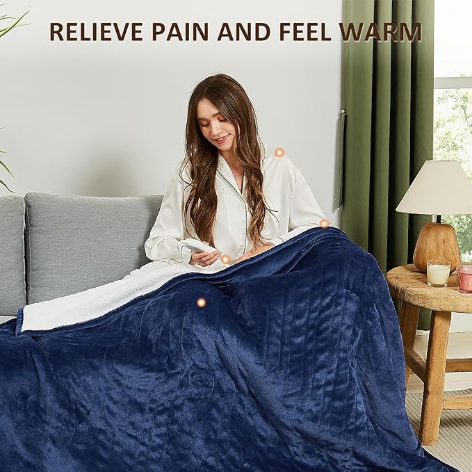 Heated Electric Blanket Twin Size - 62"x84" Flannel Heating Blanket with 10 Heating Levels & 5 Time Settings Over-Heat Protection, Winter Warmer for Adults with ETL Certification（Navy Blue）
