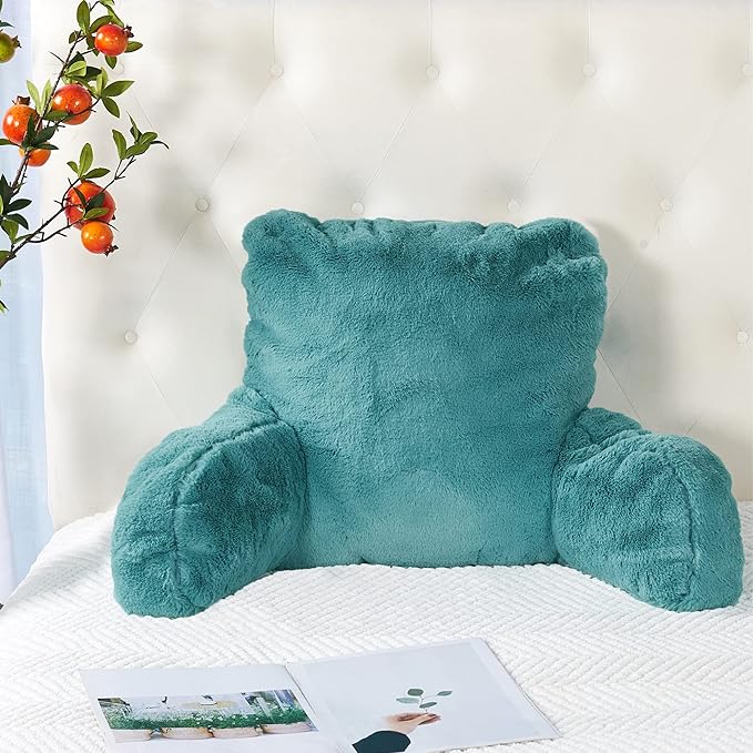 Plush Faux Fur Backrest Reading Bed Rest Pillow with Arms and Pockets for Sitting in Bed Couch Sofa, Back Support Wedge Cushion with Removable Cover, 20" x 18" x 17", Aqua