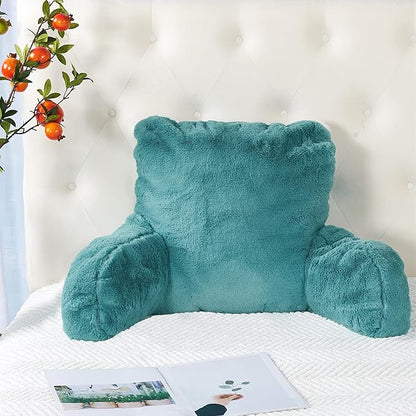 Plush Faux Fur Backrest Reading Bed Rest Pillow with Arms and Pockets for Sitting in Bed Couch Sofa, Back Support Wedge Cushion with Removable Cover, 20" x 18" x 17", Aqua