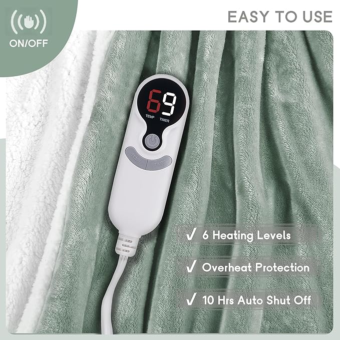 Heated Blanket Electric Blanket Full Size 72''x84'', Soft Flannel Heating Blanket with 1-10 Hour Auto Off - 6 Heat Settings - Machine Washable - Light Green