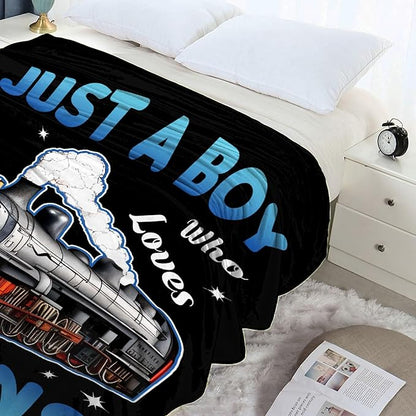 Boy Who Loves Trains Blanket Soft Blankets and Throws Flannel Cozy Lightweight Quilt Gift for Train Lovers for Bed Sofa Couch-60x50 Inches