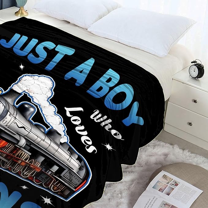 Boy Who Loves Trains Blanket Soft Blankets and Throws Flannel Cozy Lightweight Quilt Gift for Train Lovers for Bed Sofa Couch-50x40 Inches