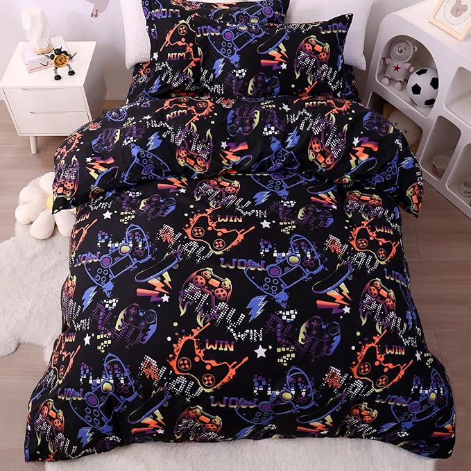 JSD Black Gamer Kids Duvet Cover Set Queen Size, 3 Piece Teens Printed Microfiber Comforter Cover with Pillow Sham Zipper Closure, Comforter Not Included