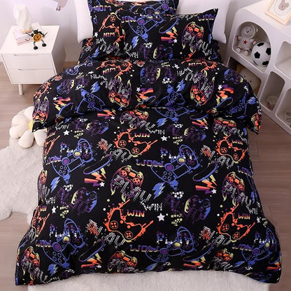 JSD Black Gamer Kids Duvet Cover Set Queen Size, 3 Piece Teens Printed Microfiber Comforter Cover with Pillow Sham Zipper Closure, Comforter Not Included