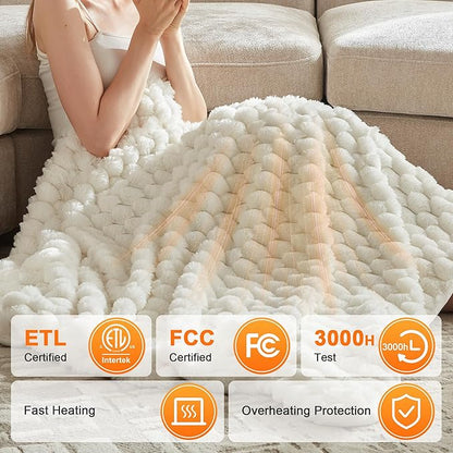 Heated Throw Blanket - Fast Heating 3D Jacquard Electric Heated Blanket, Cozy Heating Blanket with 6 Heating Settings & 4 Hours Auto-Off, 50"x60", White