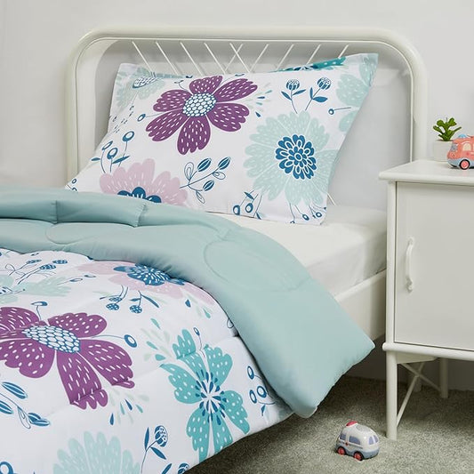 Amazon Basics 2 Piece Microfiber Kid's Comforter and Pillow Sham Set, Toddler, Purple Flowers, Floral
