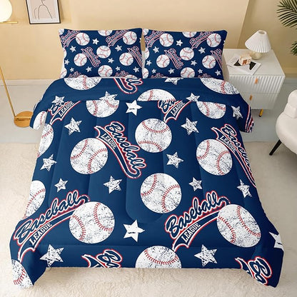 QOOMO 3D Baseballs Comforter King Size,Blue Baseball Kids Comforter Set,3Pcs Bedding Set Printed Comforter with 2 Pillowcases,Down Alternative,Soft and Lightweight,for All Seasons