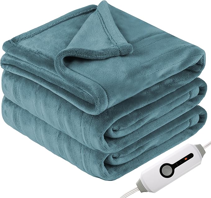 Electric Heated Blanket Twin Size 62"x84", Soft Fleece with 10 Hours Auto-Off & 4 Heating Levels, Overheating Protection, Machine Washable, Green Blue