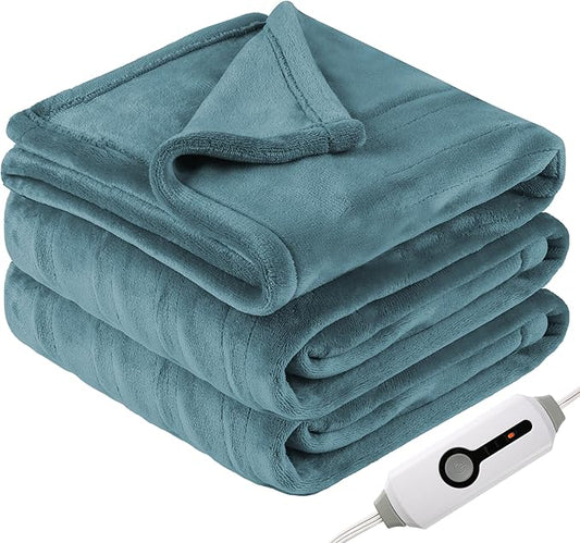 Electric Heated Blanket Twin Size 62"x84", Soft Fleece with 10 Hours Auto-Off & 4 Heating Levels, Overheating Protection, Machine Washable, Green Blue